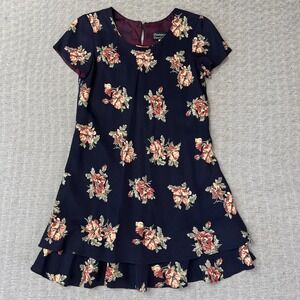 Vintage Hampton Dress Co. Floral  Print Short Dress Size 4 Navy Blue Rayon USA